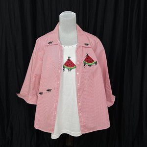 Isaac's Designs Womens Ants Watermelon Red Embroidered Size XL Mature Summer Fun